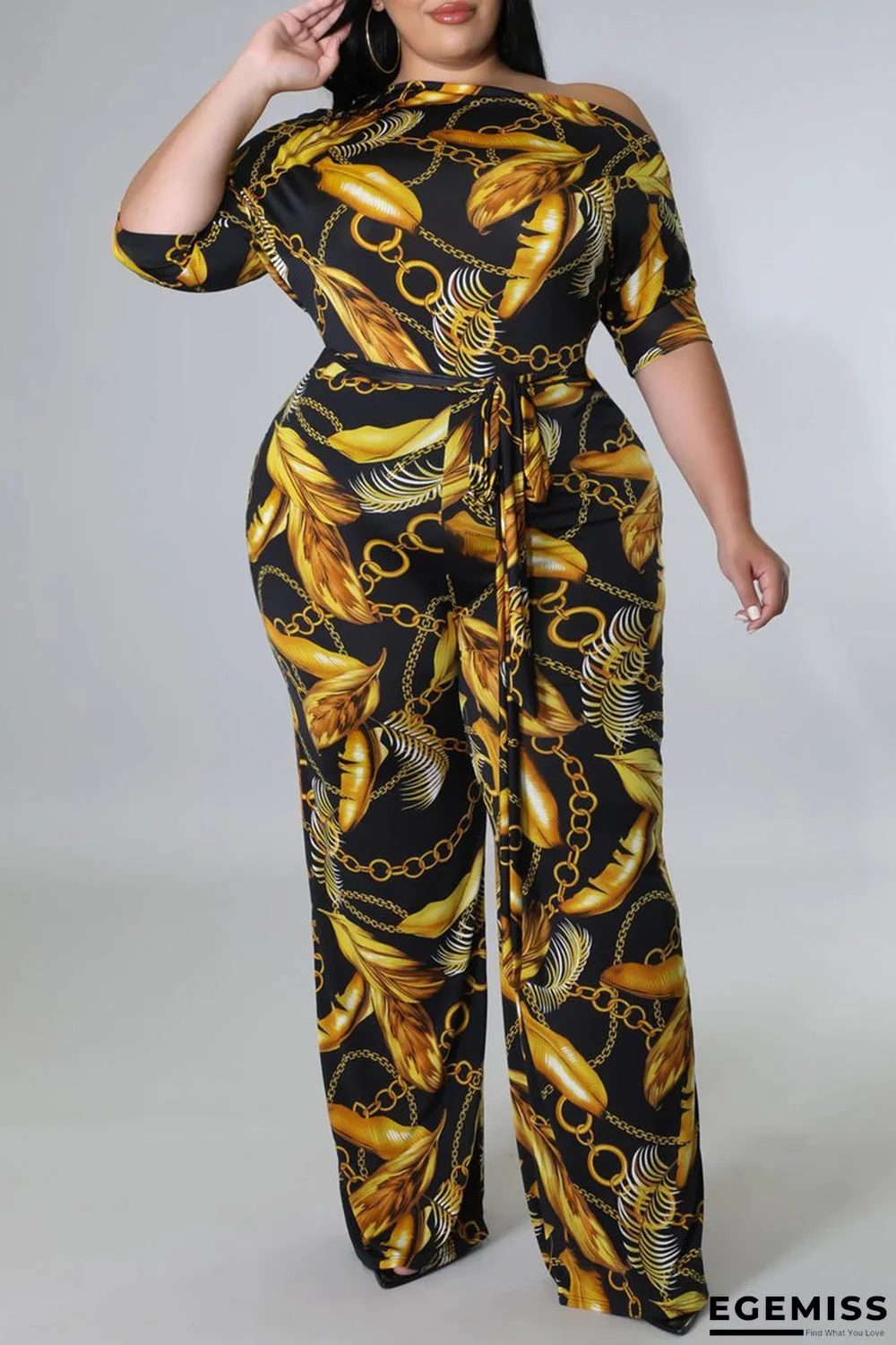 Black Gold Fashion Casual Print Basic Oblique Collar Plus Size Jumpsuits | EGEMISS