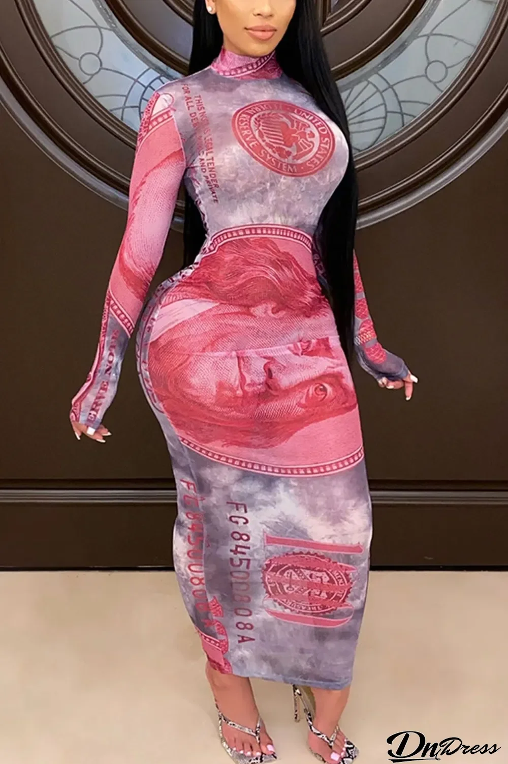 Red Polyester Spandex Print O Neck Long Sleeve Ankle Length Pencil Skirt Dresses
