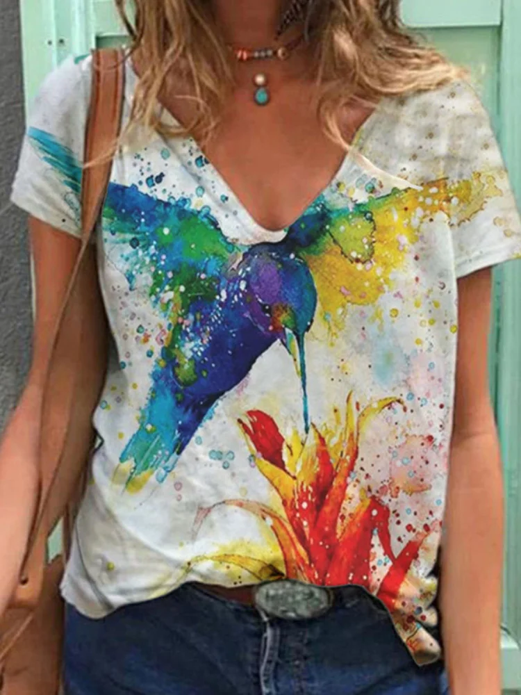 Hummingbird Print V Neck T Shirt