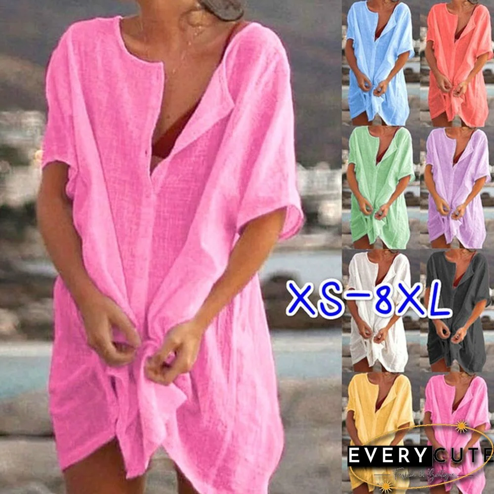 Xs-8Xl Summer Dresses Plus Size Fashion Clothes Women's Casual Short Sleeve Linen Blouses Deep V-Neck Loose Party Dress Ladies Solid Color Swimsuit Cover-Up Beach Wear Mini Dress