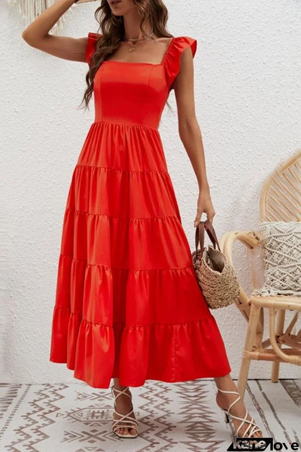 High Waist Solid Color Slim Waist Flying Sleeve Cake Skirt Dress