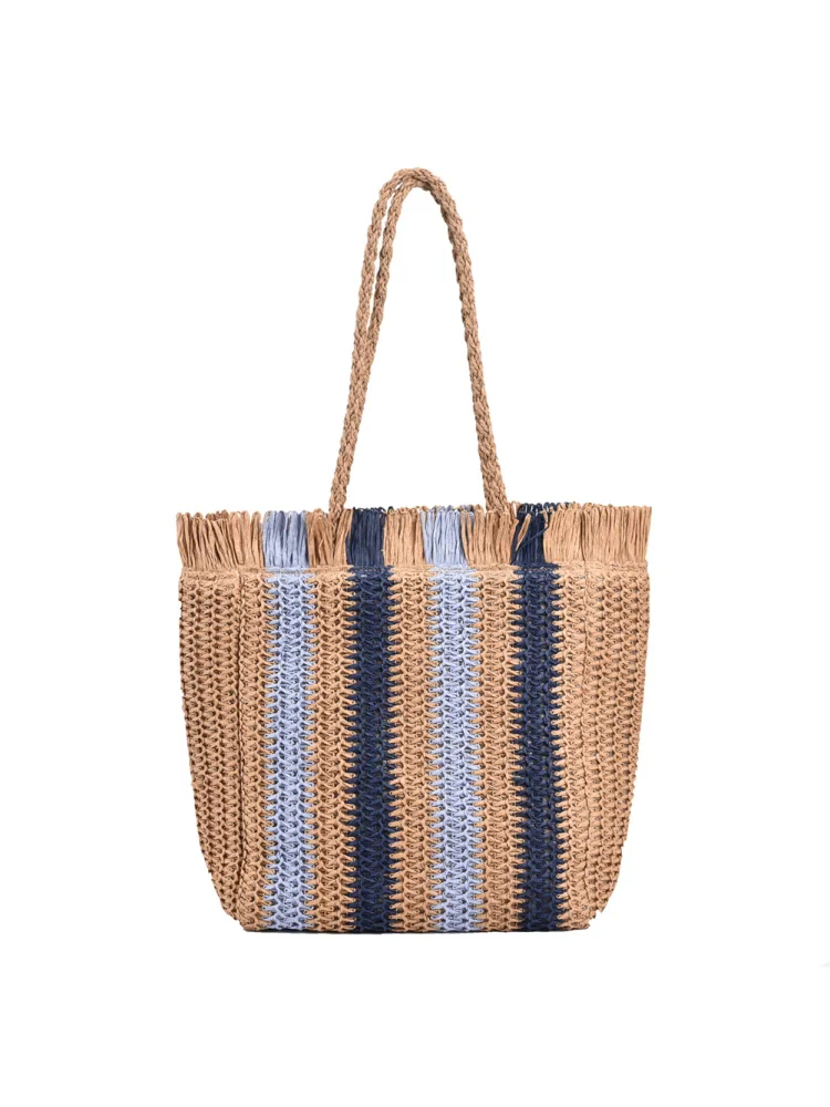 Women Handbag Summer Hand Woven Stripe Vacation Tote Shoulder Bag (Blue)