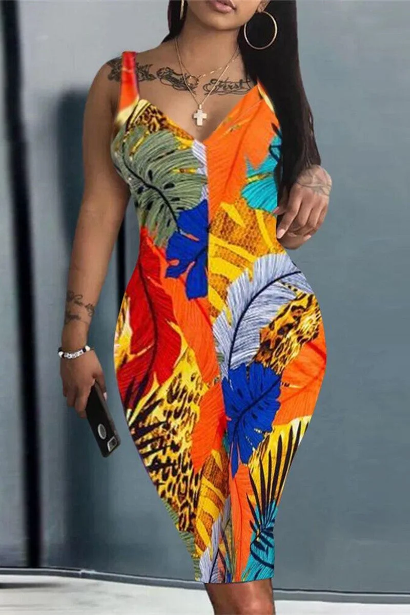 Fashion Sexy Print Patchwork V Neck Sling Dress