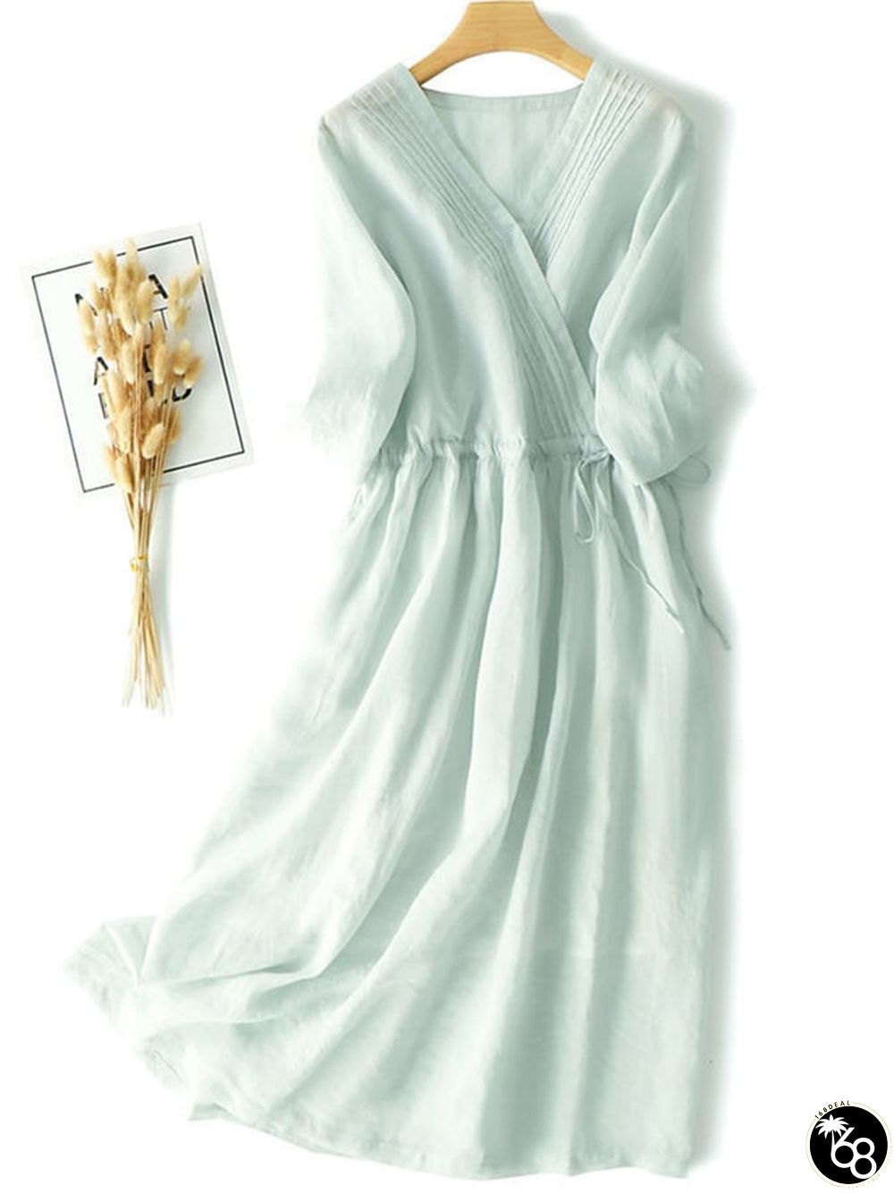 Cotton And Linen V-Neck Three-Quarter Sleeves Loose Solid Color Waist A-Line Dress | 168DEAL