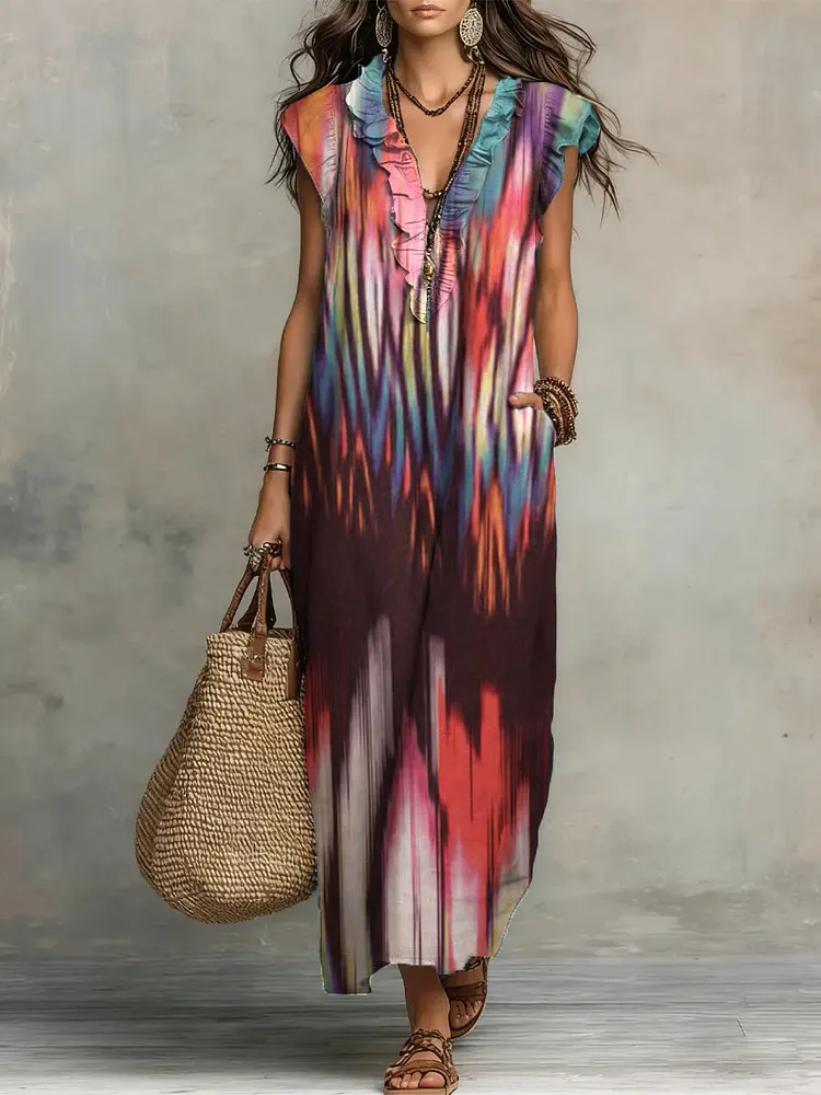 Retro Abstract Art Cotton-linen Ruffled Dress