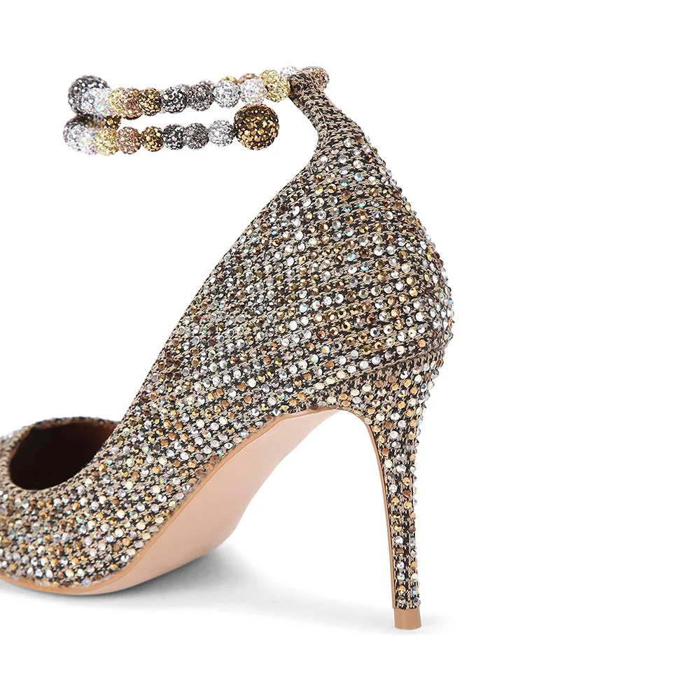 Black & Tan Houndstooth Pattern Rhinestone Ankle Strap Pumps Heels