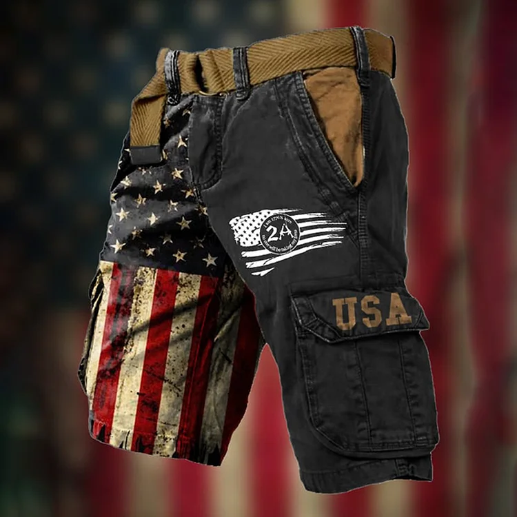 Comstylish Men's Vintage Flag Independence Day 4th Of July Multi-Pocket Print Cargo Shorts