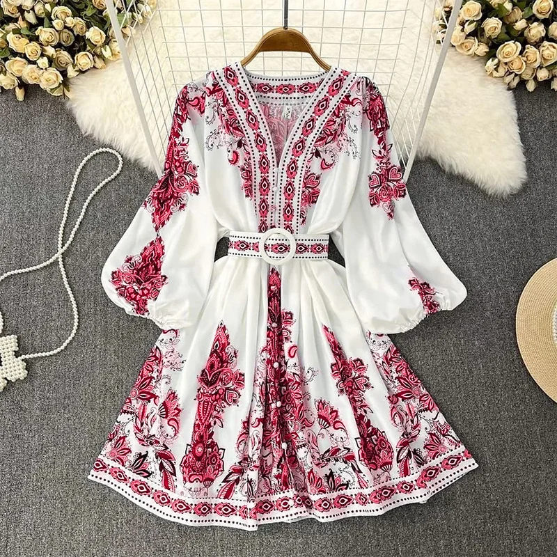 Woherb Woherb Spot Spring 2023 New Ladies Fashion V-Neck Long Sleeve Bohemian Print Dress-Outfit Ideas