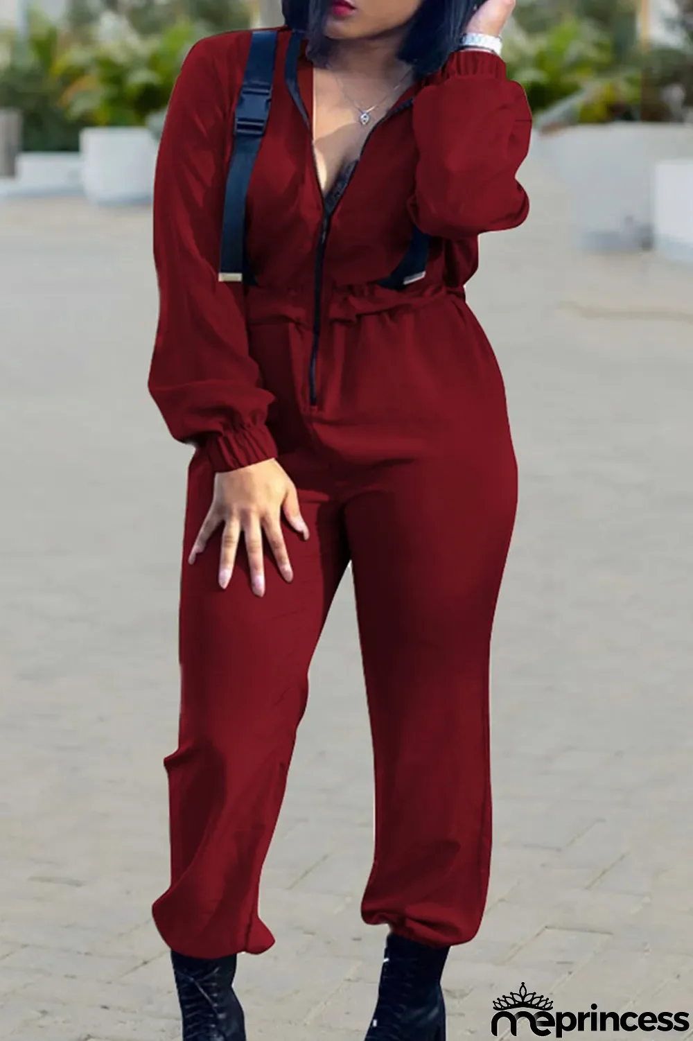 Apricot Fashion Polyester Solid Zipper Collar Jumpsuits