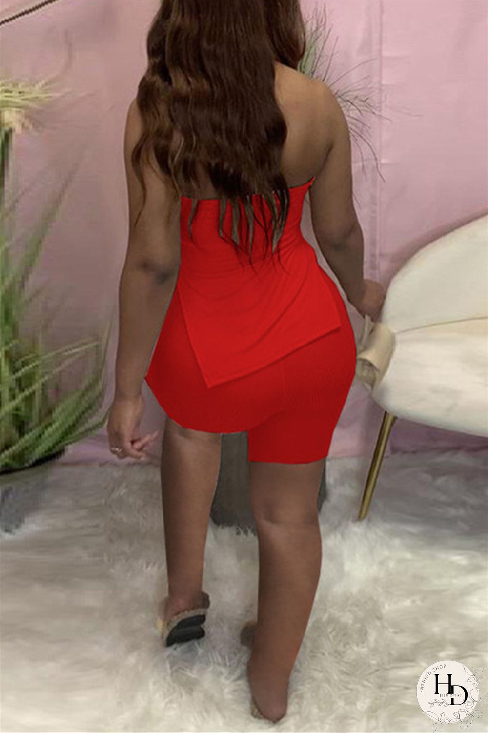 Coral Powder Sexy Casual Solid Backless Slit Strapless Sleeveless Two Pieces