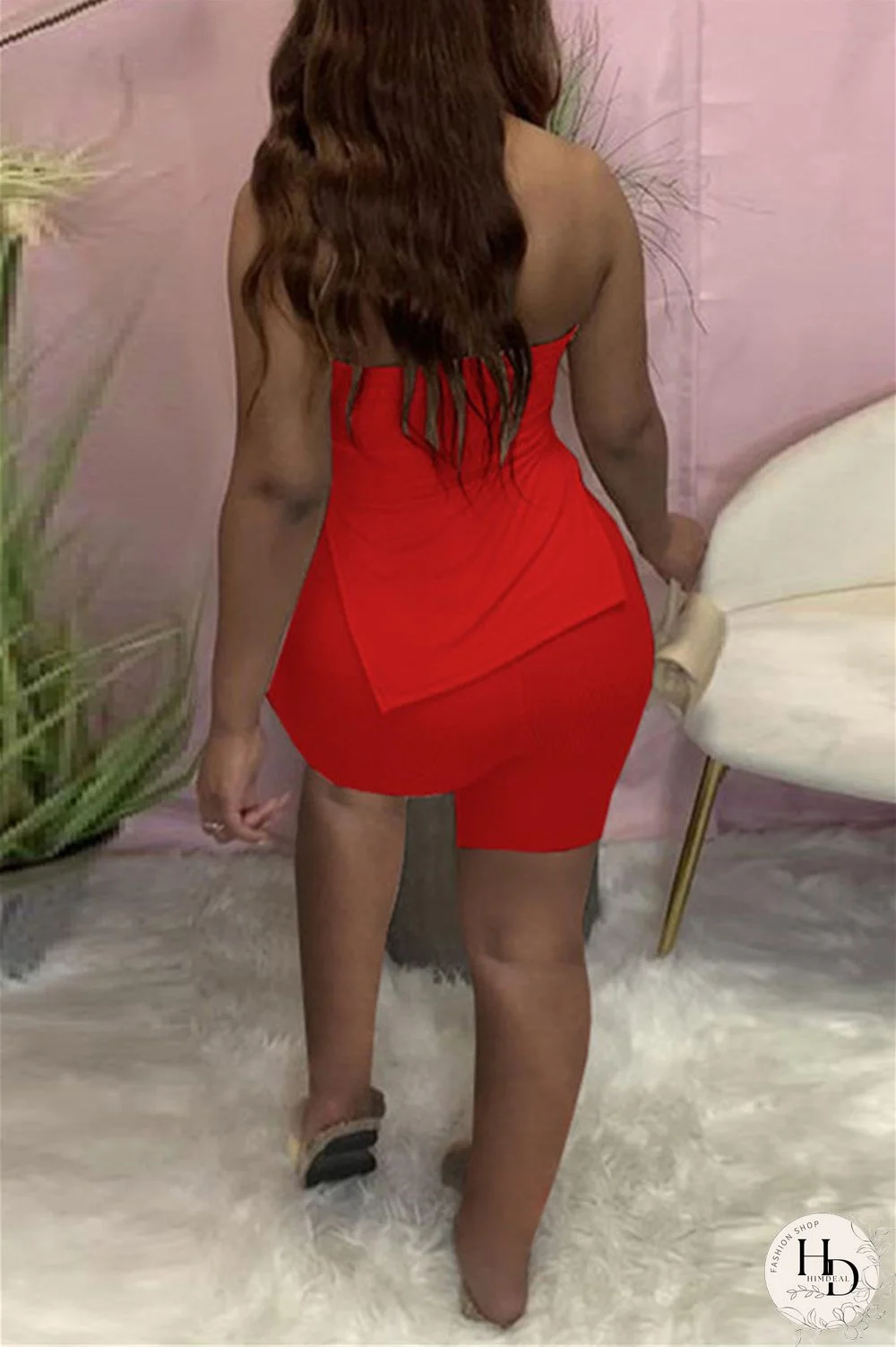 Coral Powder Sexy Casual Solid Backless Slit Strapless Sleeveless Two Pieces