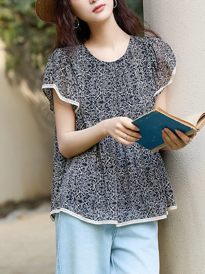 Athvotar Athvotar The Age Of Small Broken Flowers Leaves Side Short Sleeve Dolls Holiday Chindal Shirt Women Summer Belly Cover Tops High-End Shirt