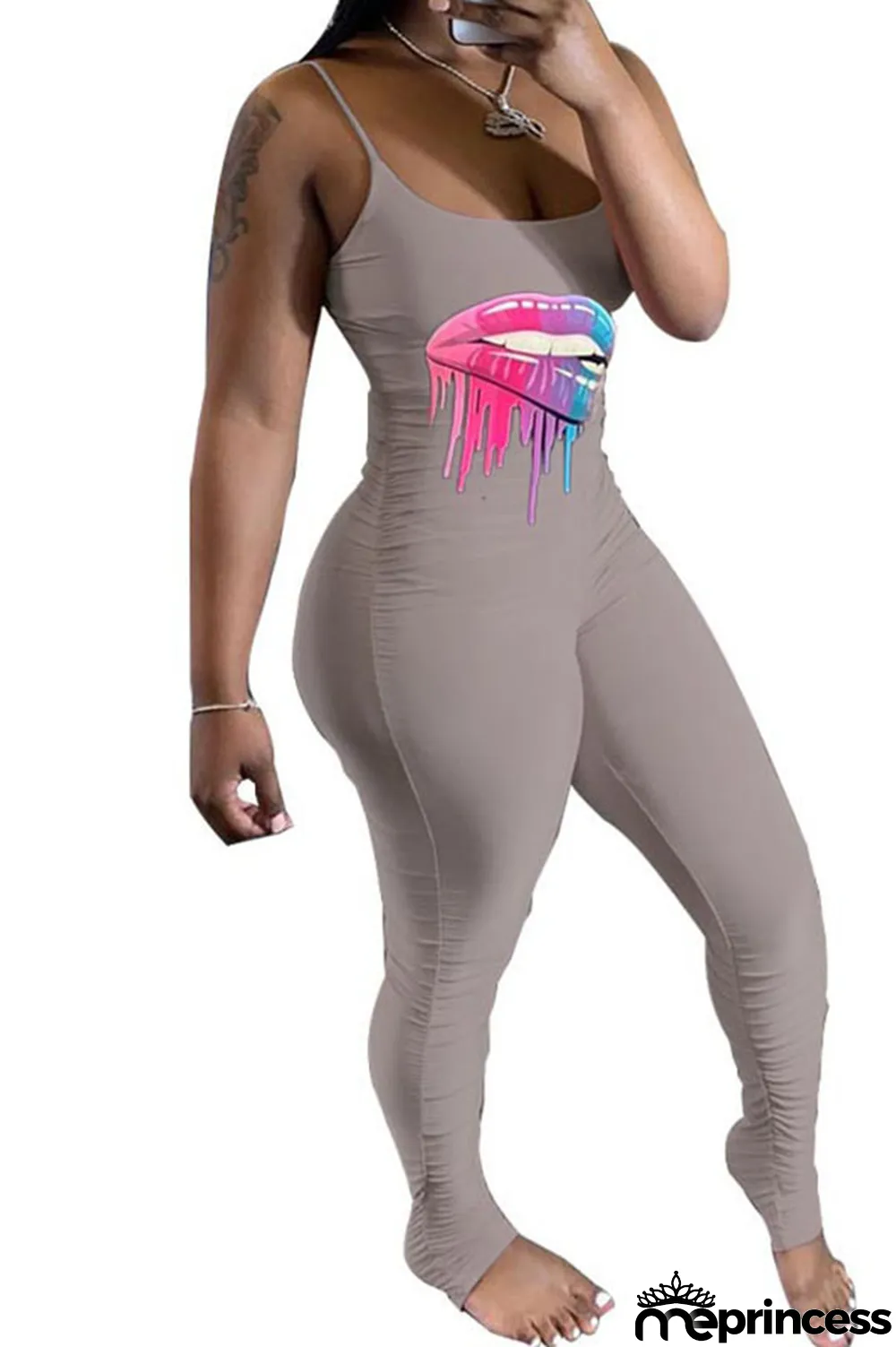 Black Fashion Casual Print Draped Milk. Sleeveless Slip Jumpsuits