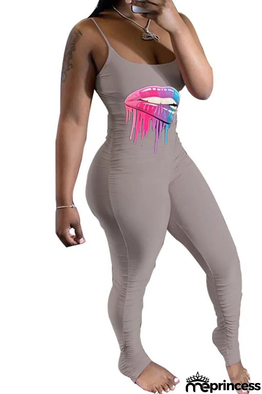 Black Fashion Casual Print Draped Milk. Sleeveless Slip Jumpsuits