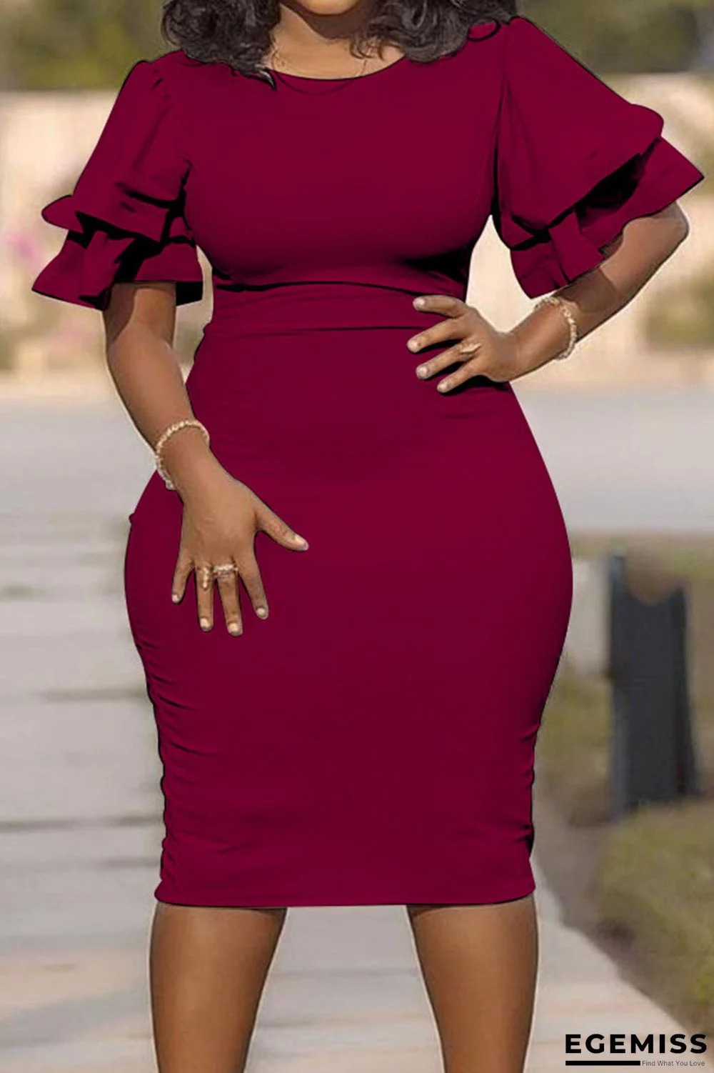 Burgundy Casual Solid Patchwork O Neck One Step Skirt Plus Size Dresses | EGEMISS