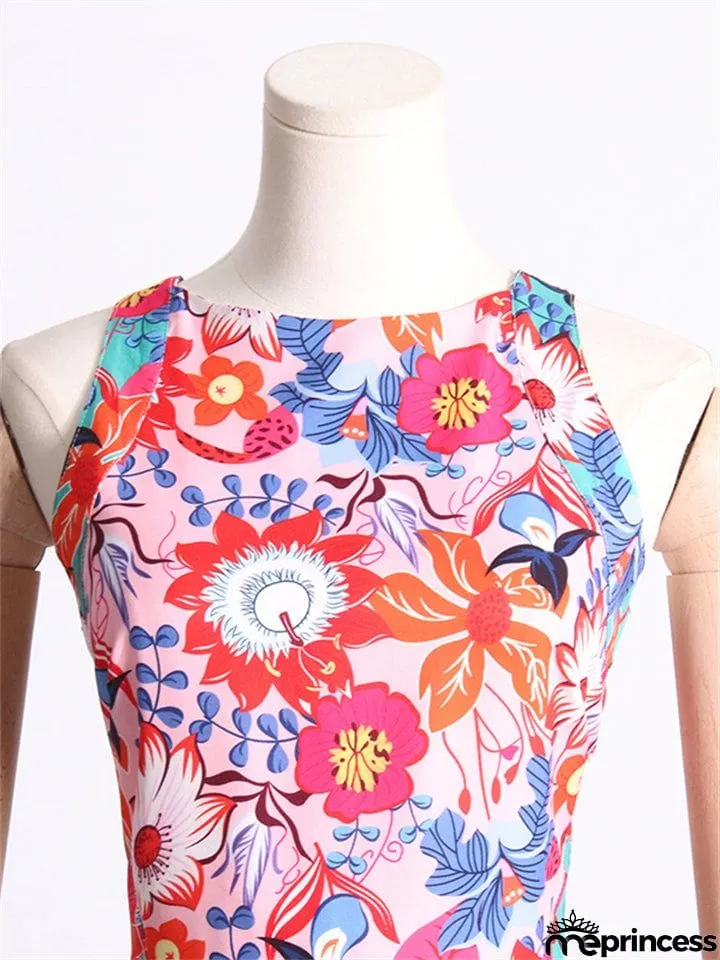 Women's Crew Neck Back Lace-up Floral Bohemian Dress