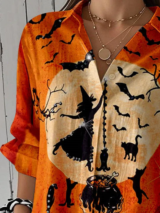 Women 3/4 Sleeve Shirt Collar Ghost Printed Graphic Button Tops