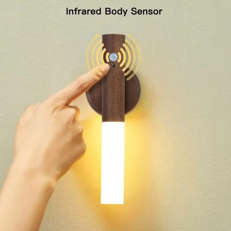 Tegooe Modern Wooden Motion Sensor Wall Sconce LED Night Light - USB Rechargeable Wireless Smart Induction Lamp for Bedside