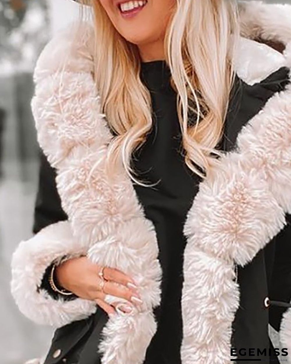 Faux Fur Patch Pocket Zipper Design Hooded Coat | EGEMISS