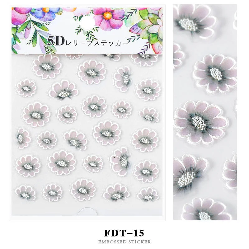 Nail Stickers Embossed 5D Flowers Leafs Designs Back Glue Nail Decals Decoration Tips For Beauty Salons-Nail Inspo