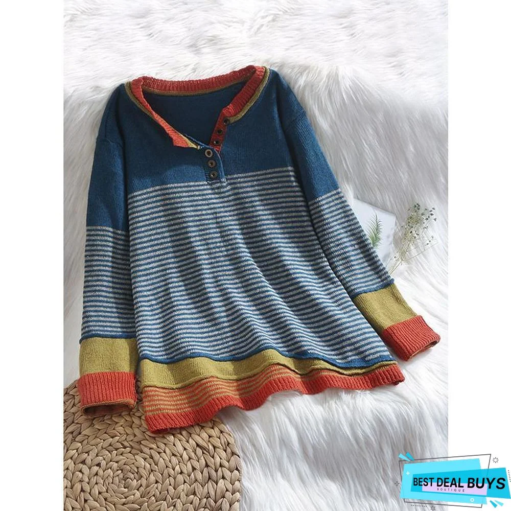 Stripe Button Long Sleeve Contrast Color Sweater