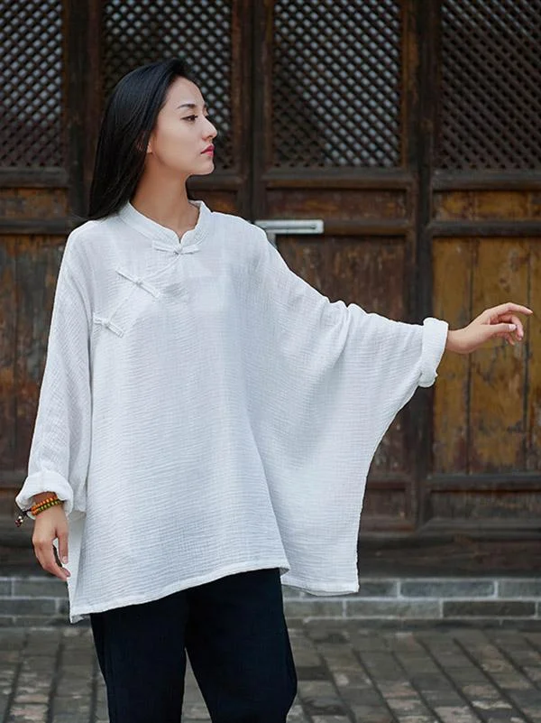 Vintage Solid Color Loose Button Bat Sleeve T-Shirt