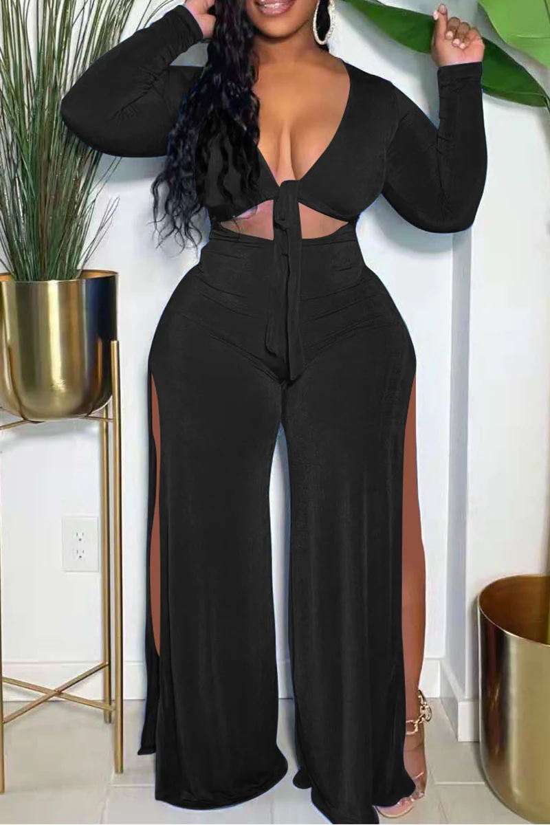 Sexy Solid Bandage Hollowed Out Split Joint Slit V Neck Regular Jumpsuits