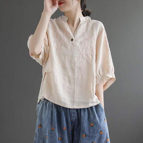 Women's Embroidery Linen Top Blouse Shirts