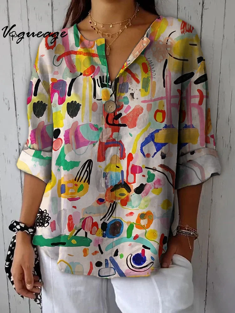 Fashion Creative Painted Pattern Printed Cotton And Linen Shirt