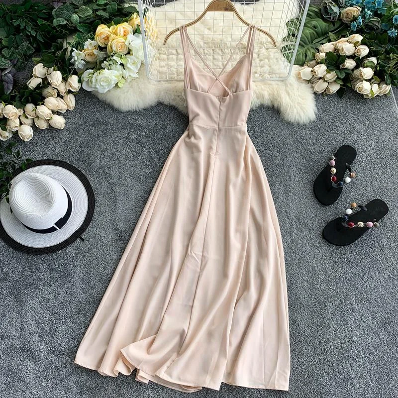 Fitaylor Ladies Sexy V Neck Spaghetti Strap Dresses Summer Backless Split Slim Long Dress Women Casual Beach Holiday Vestidos