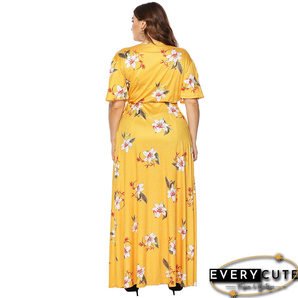 Yellow Floral Print Short Sleeve Plus Size Maxi Dress
