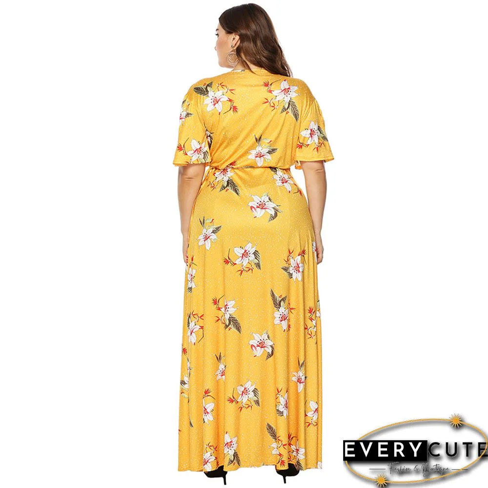 Yellow Floral Print Short Sleeve Plus Size Maxi Dress