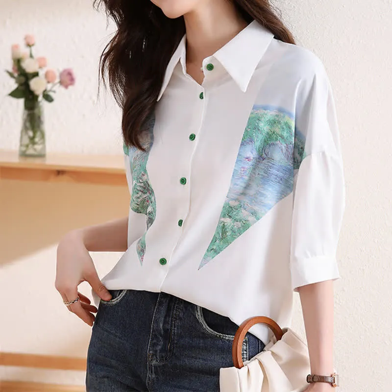 Chic Painting Print Chiffon Lapel Shirt Workwear