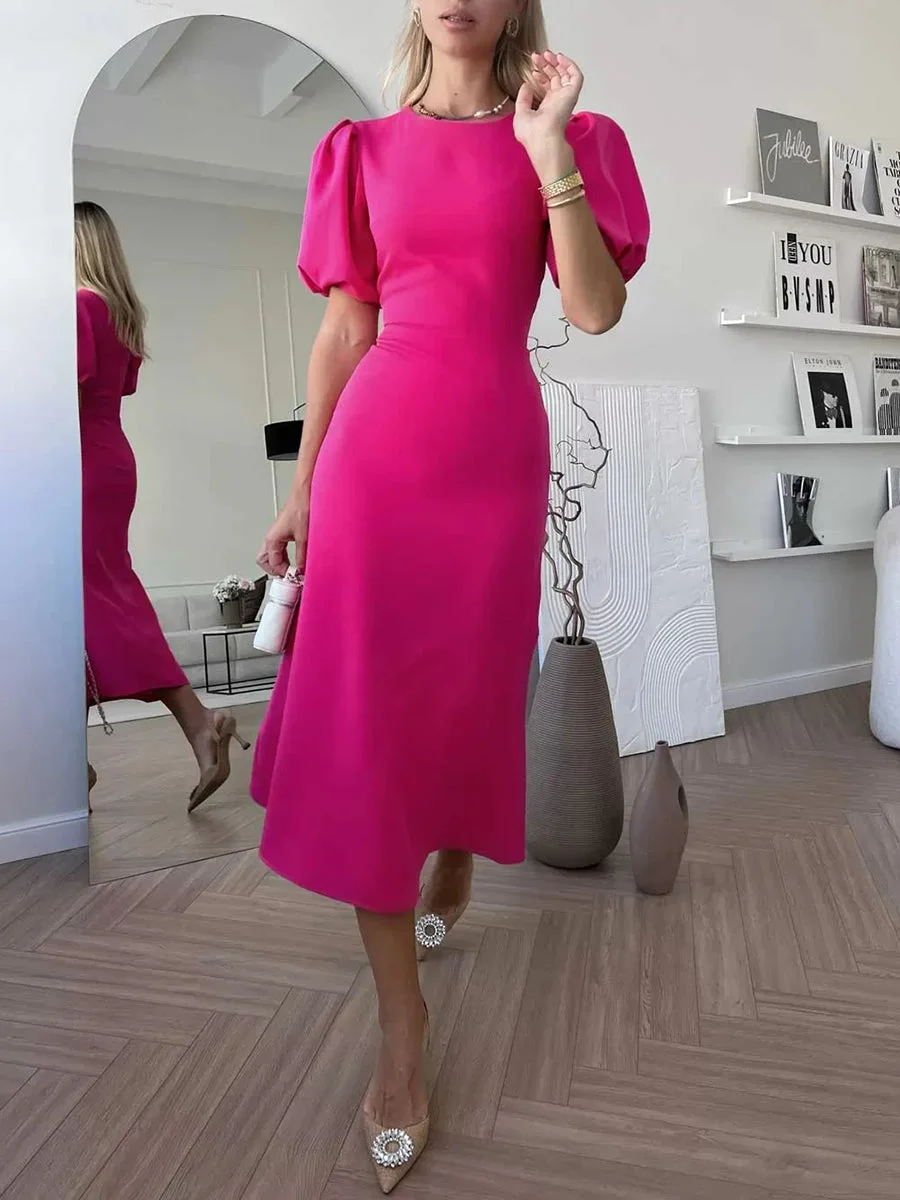 Simple High Waist Puff Sleeve Midi Dress