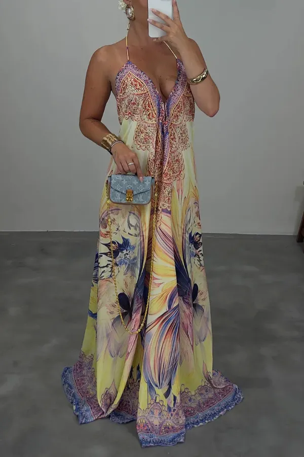 Bohemian Style Unique Print Sleeveless Backless Loose Maxi Dress