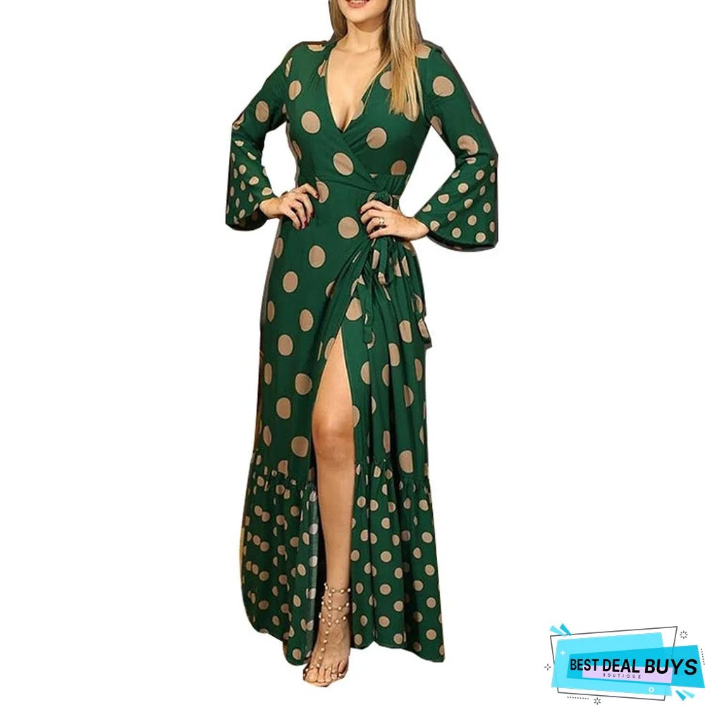 New Best-Selling Long-Sleeved Strap V-Neck Printed Dress Women's Clothing