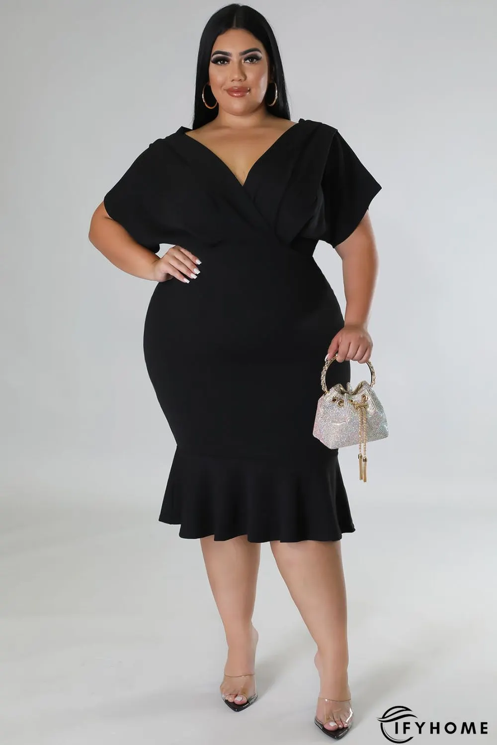 Black Plus Size Pleated V Neck Ruffle Hem Bodycon Dress | IFYHOME
