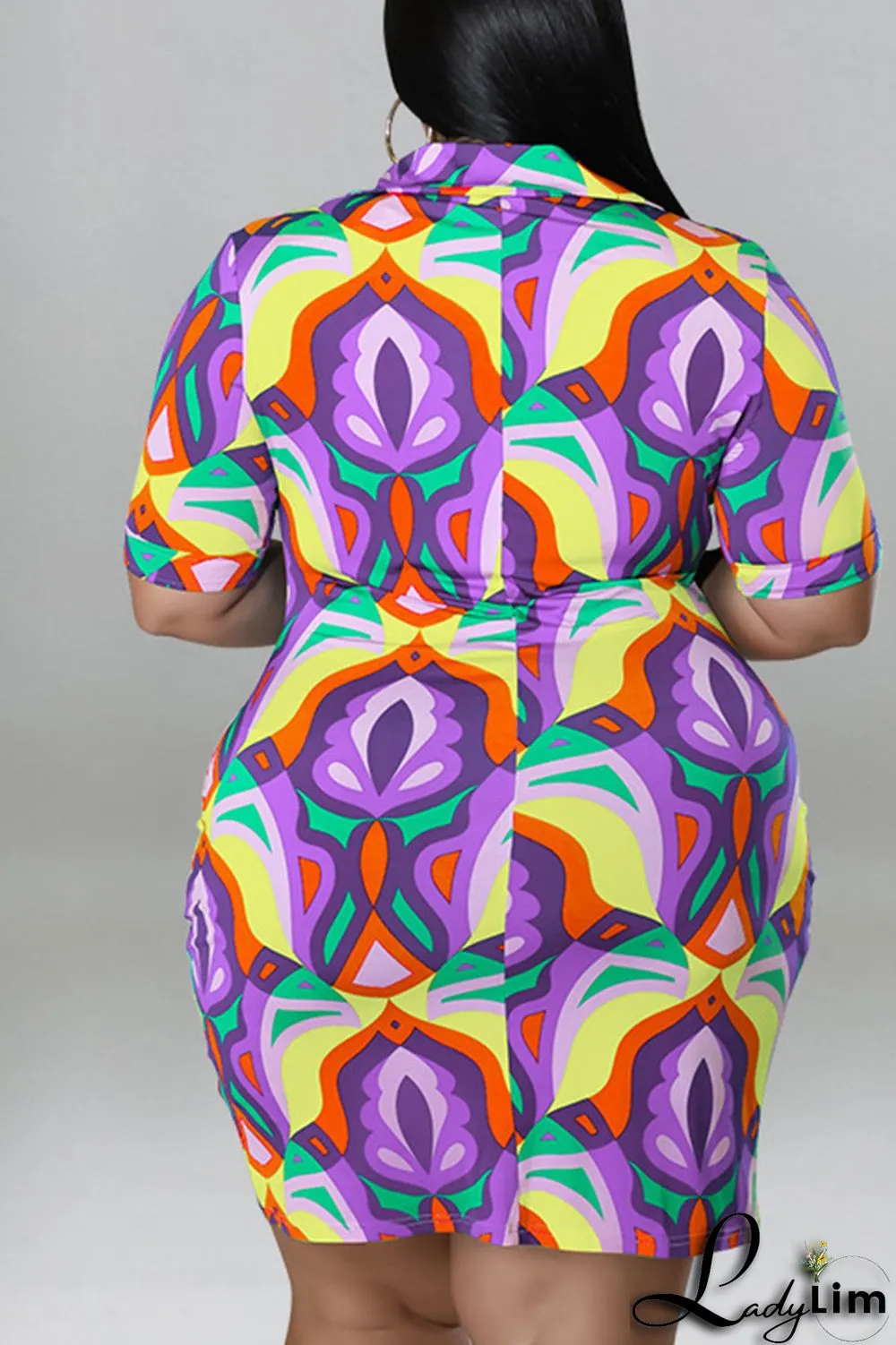 Coffee Casual Print Patchwork Buckle Turndown Collar Shirt Dress Plus Size Dresses