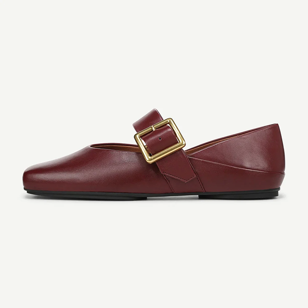 YDN Maroon Faux Leather Square Toe Buckle Strap Mary Jane Flats
