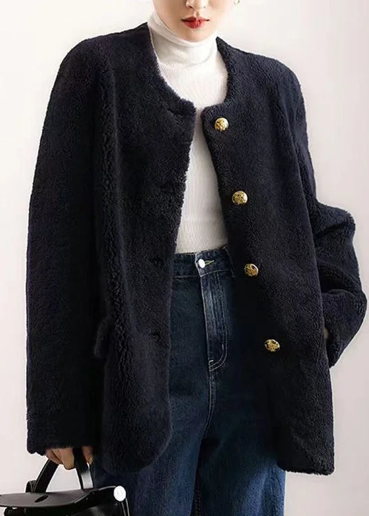 Elegant Navy O Neck Pockets Button Patchwork Wool Coat Winter