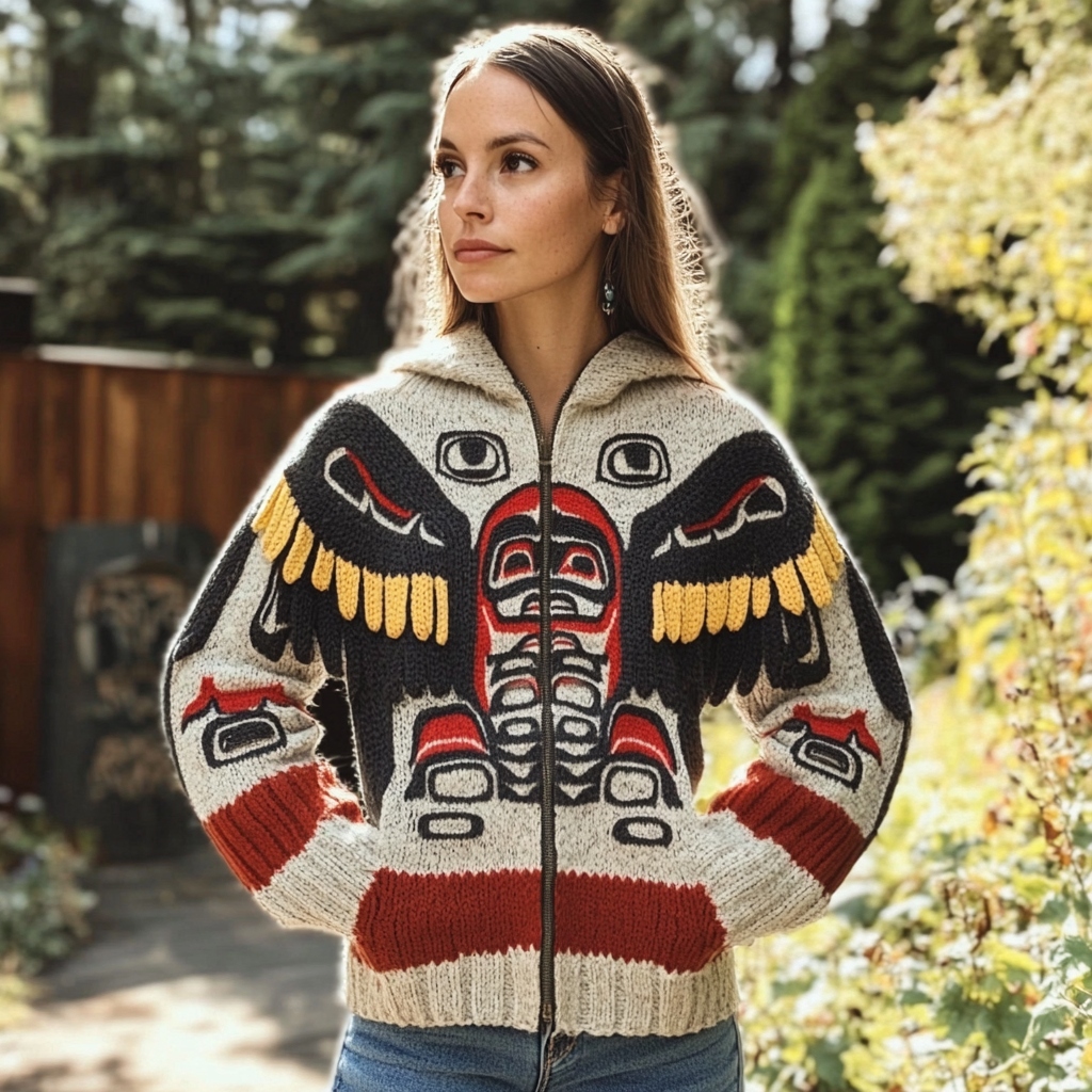 Comstylish Vintage Canadian Aboriginal Thunderbird Totem Pole Pattern Design Cowichan Sweater