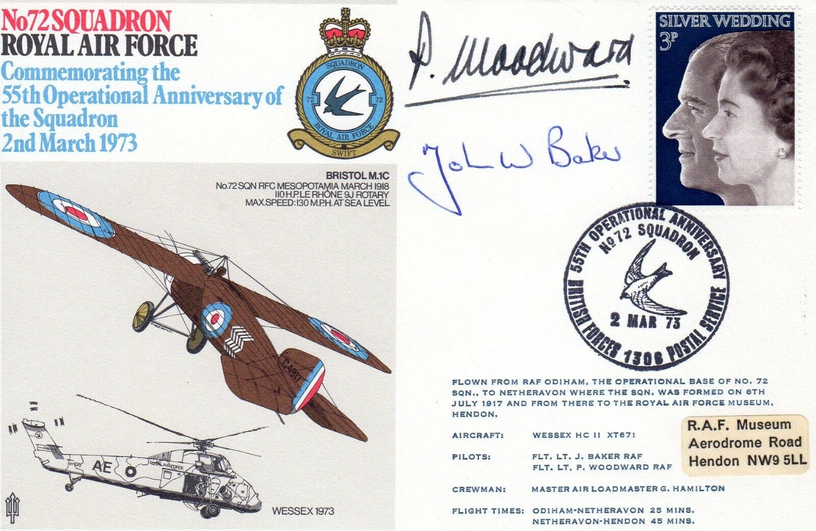 AUTOGRAPH, ITEM FLOWN IN A WESSEX HCII 1973, 2 SIGNATURES