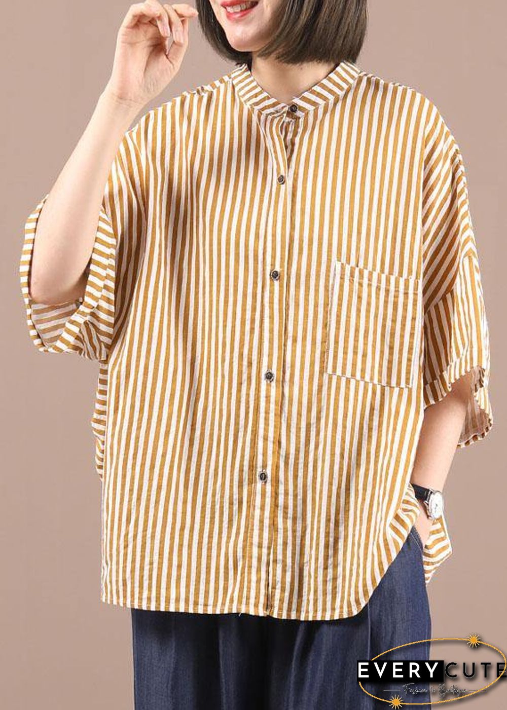 Stylish Yellow Striped low high design Half Sleeve Cotton Shirt Top Summer