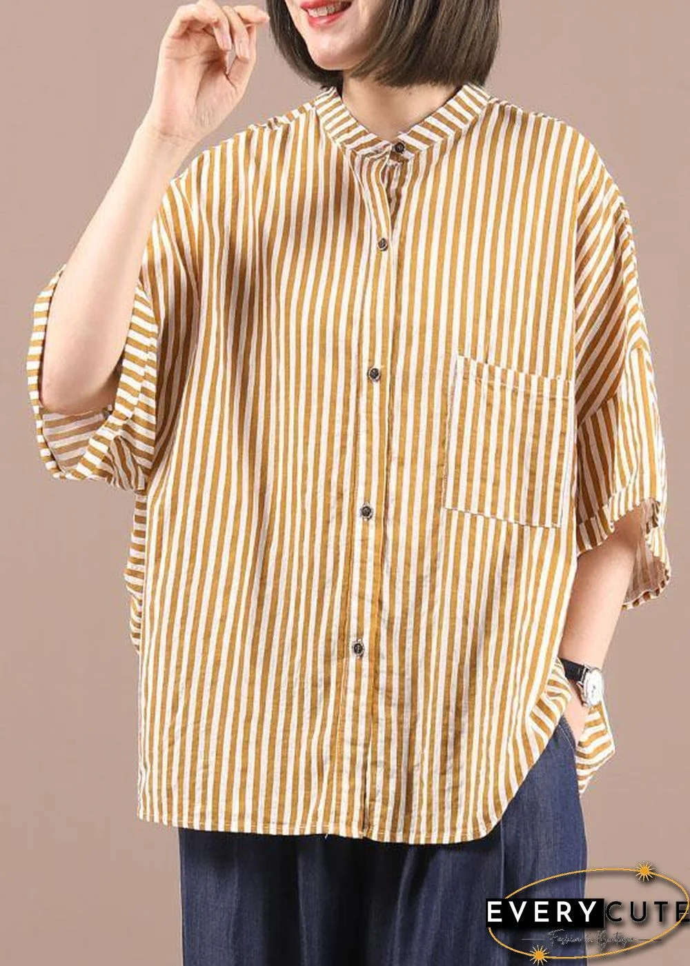 Stylish Yellow Striped low high design Half Sleeve Cotton Shirt Top Summer