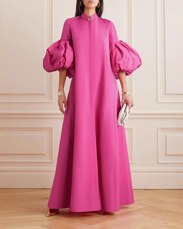 Puff Sleeve A-Line High Neck Maxi Dress