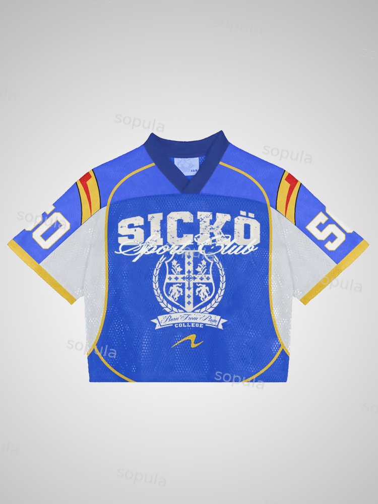 Retro Moral Pattern Cotton Football V-neck Jersey T-shirt - SOPULA