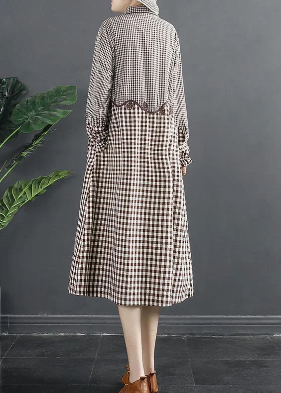 Natural Lapel Patchwork Wardrobes Work Outfits Brown Plaid Maxi Dresses