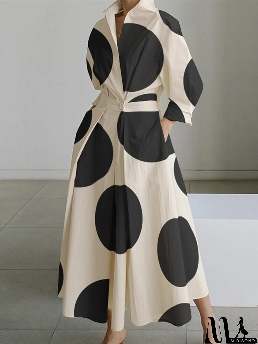 MidiSono - Long Sleeves Loose Contrast Color Pleated Polka-Dot Tied Waist Lapel Shirt Dress