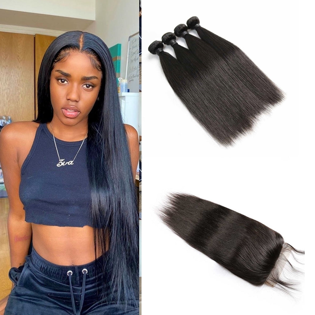 12A 4PCS + 4X4 HD Lace Closure Straight 100% Human Hair With 4X4 Transparent Lace Closure