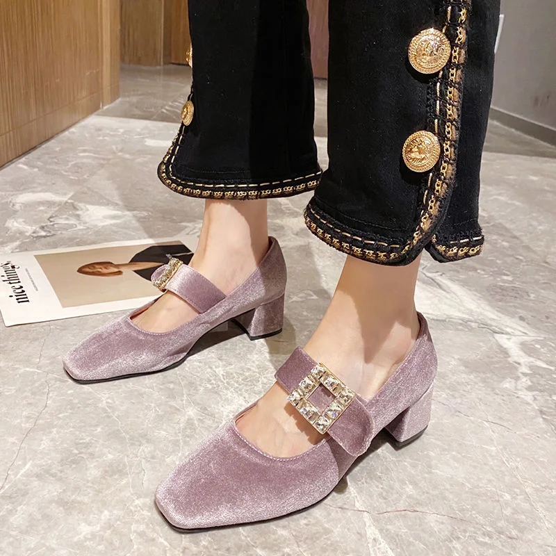 Qengg Women Shoes pumps Female Casual Work Shoes 2022 New thick mid Heels with Metal Buckle square Toe Zapatos De Mujer